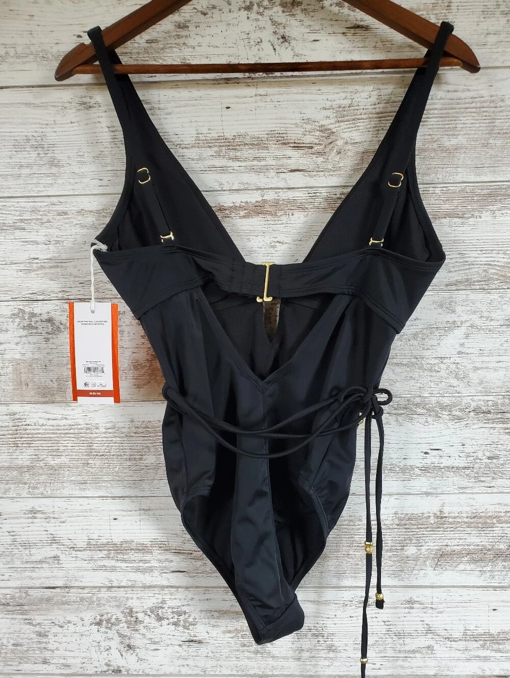 NWT Sofia by Sofia Vergara Black Plunge One Piece Swimsuit Belted